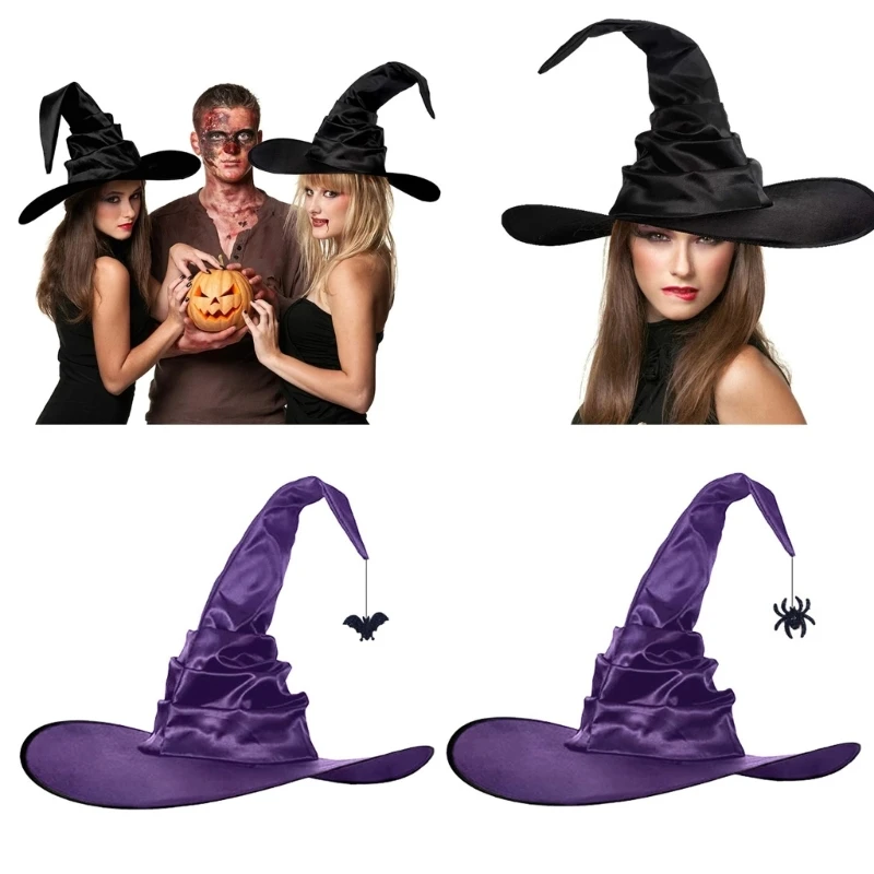 

Halloween Party Felt Witch Hats Party Wide Brim Pointed Hat Accessory Crooked Witch Hat with Mini Pendant (Bat/Spid