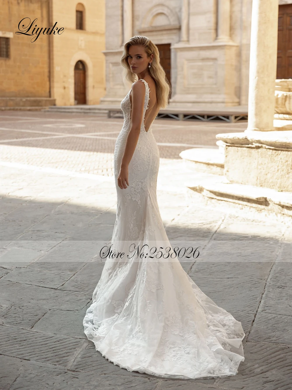 Liyuke Элегантное свадебное платье русалки с v-образным вырезом и вышивкой в стиле