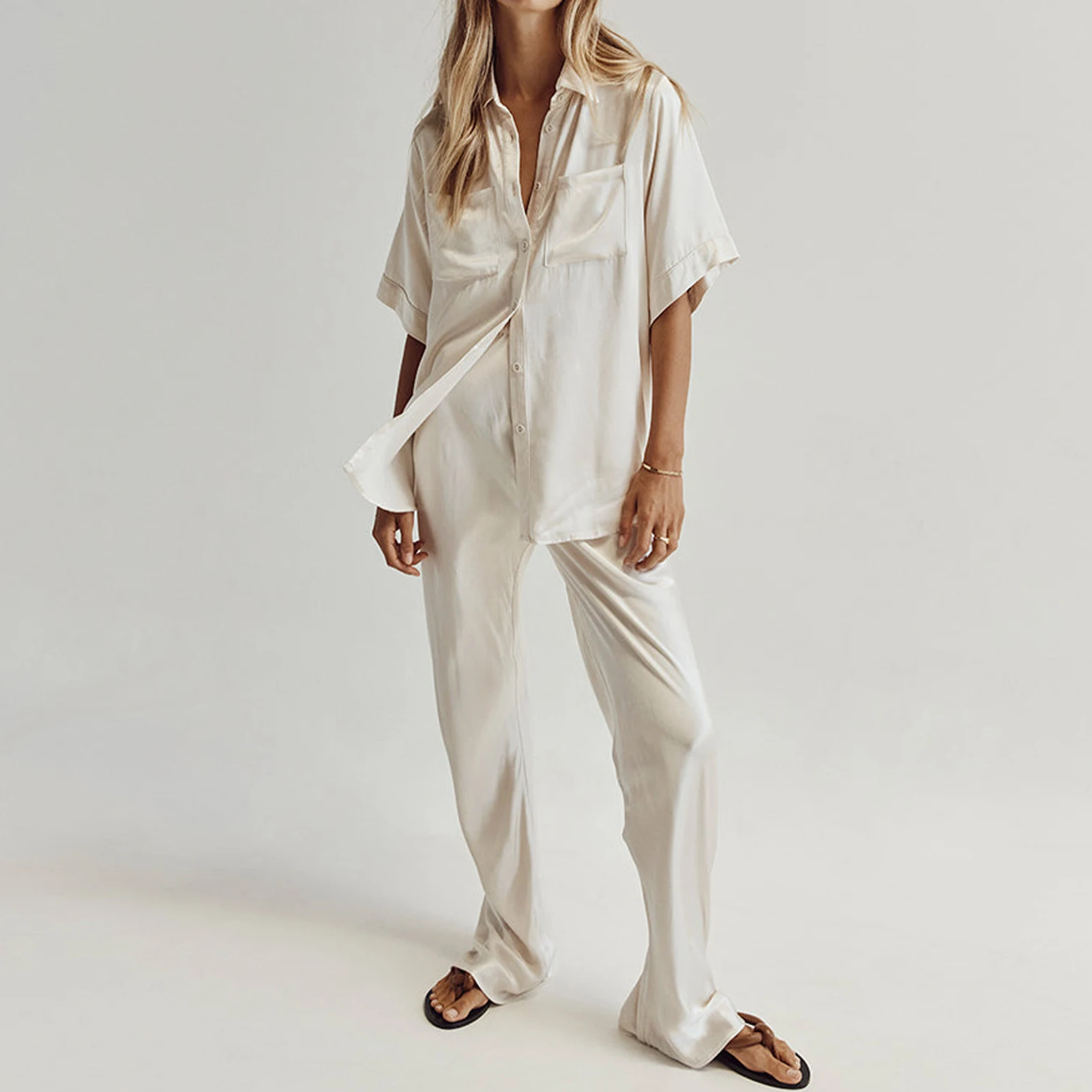 

Women 2 Piece Matching Set Casual Satin Button Shirt Wide Leg Pant Soft Solid Color Pajamas Chic Lapel Loose Top Trousers Set