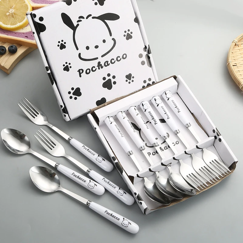 

Cute Sanrio Pochacco Spoon Fork Kawaii Cartoon Anime Student Family Soup Stainless Steel Tableware Set Toys Girls Birthday Gifts
