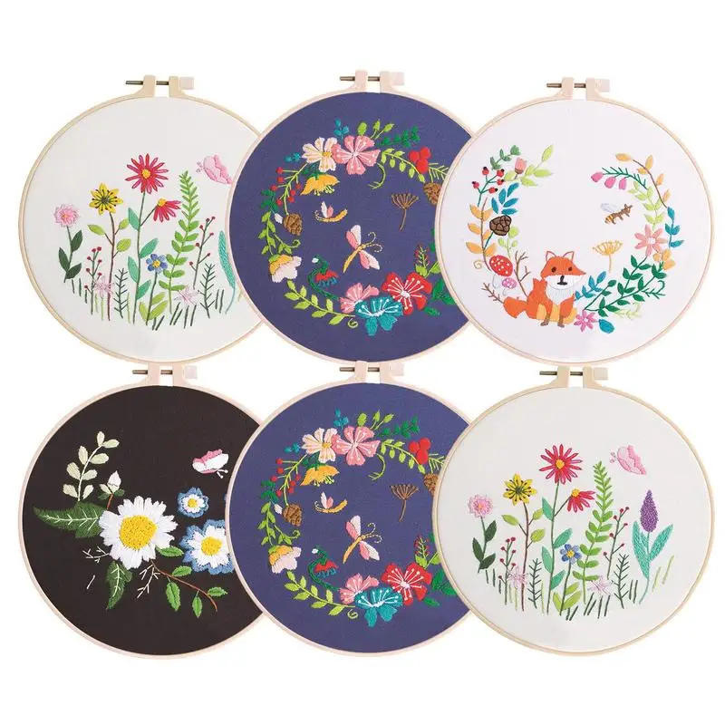 

Flower Embroidery Kit DIY Flowers Plant Pattern Simple Embroidery Kit Wooden Practice Embroidery Hoops Frame Set Needlework Tool