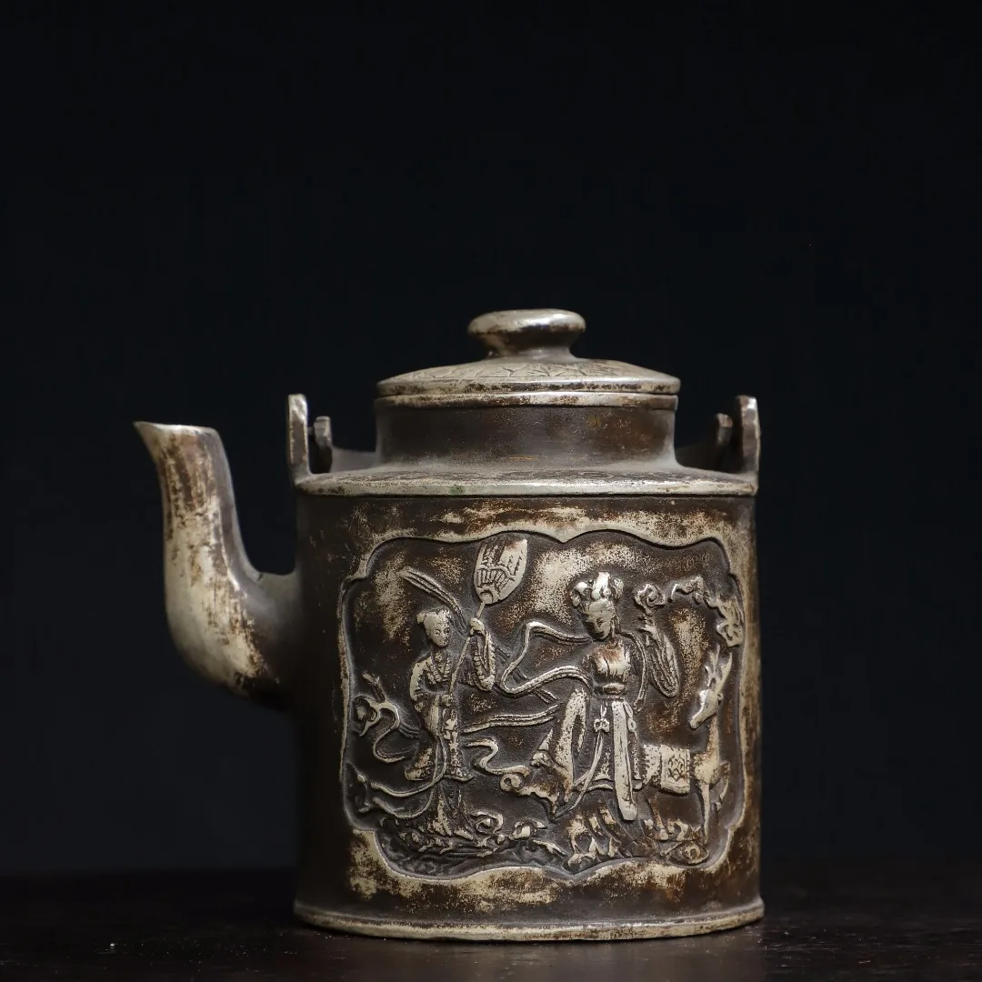 

4"Tibet Temple Collection Old Bronze Gilding Silver Maid pattern kettle Teapot flagon Ornaments Worship Hall Town house