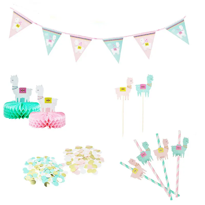 

Birthday Party Decoration Disposable Tableware Cute Llama Alpaca Straw Confetti Triangle Flag For Birthday Party Supplies