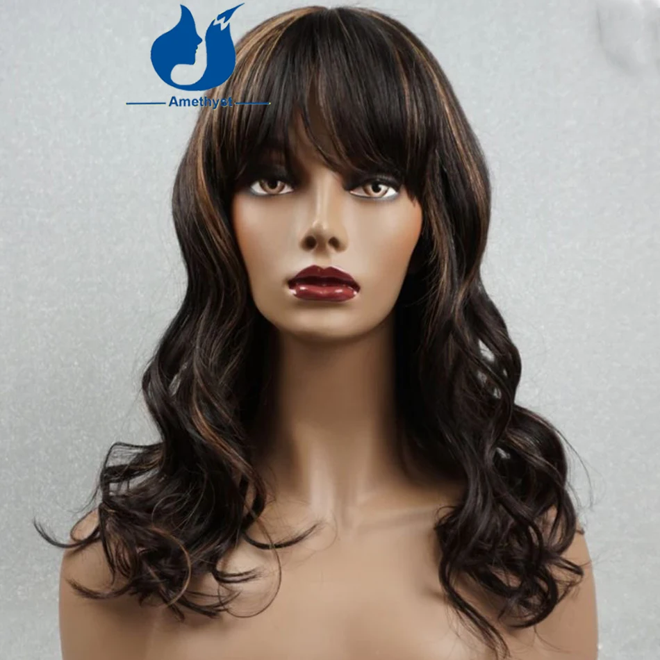 Парик из натуральных волос с аметистовой волной и челкой для женщин полностью