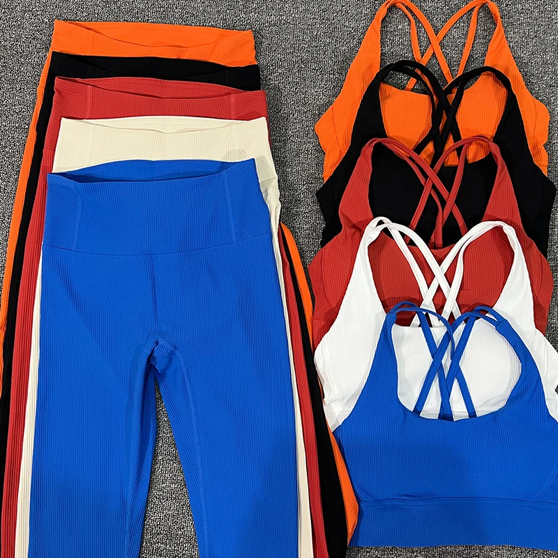 New Seamless Ribbed 2 Piece Sports Set Women Gym Sets Womens Outfits  Fitness Yoga Clothes Running High Waist Leggings Yoga Set