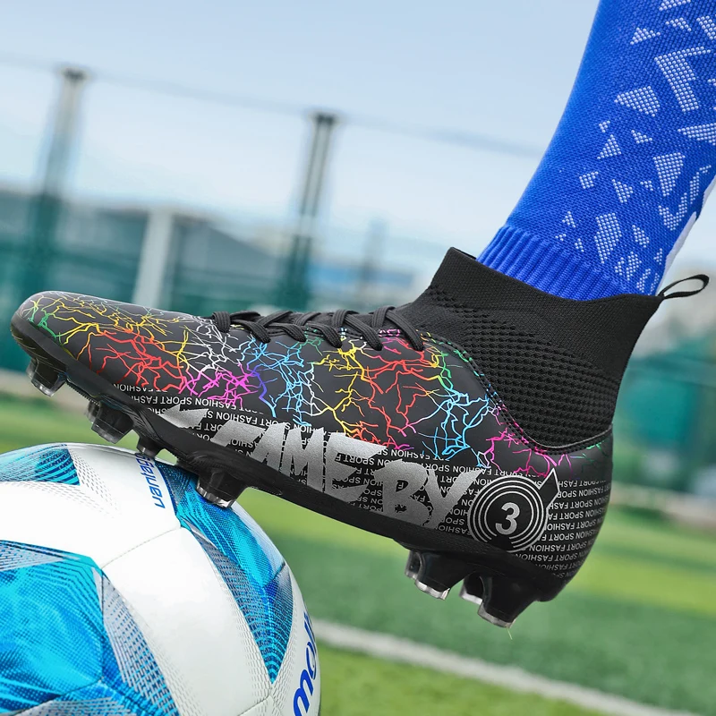Professional Soccer Shoes World Cup Outdoor Non Slip Long Spikes Football Train Boy High Ankle Soccer Sneakers Men Football Boot