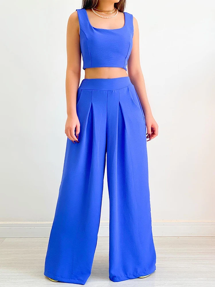 

2022 Fashion Sexy Short Vest Sets Solid Sleeveless Crop Tops With Wide-leg Pants Sets Casual Loose Trouser Two-piece Women Suits