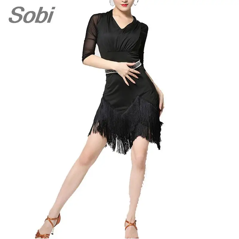 

Women Fringed Latin Dance Dress Dynamic Tassel One-piece Dress for Dancing Ballroom Tango Cha Cha Rumba Trainning Suit DanceWear