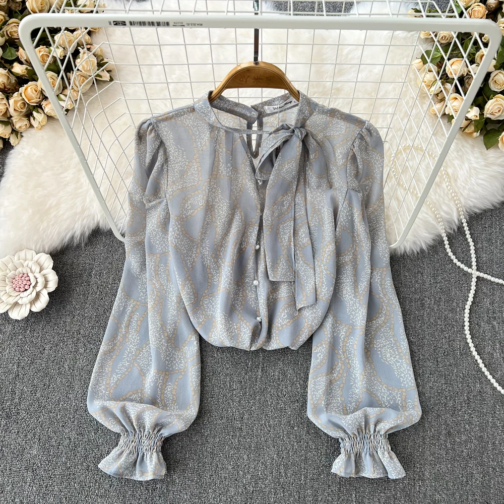 

Bow Tie Loose Floral Chiffon Blouse for Women 2022 Autumn Korean Sweet Bubble Long Sleeve V-neck Blouse