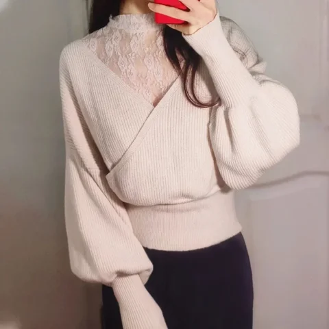 Винтажный кружевной пуловер Neploe в стиле пэчворк с воротником средней длины, вязаные топы с открытыми плечами и штабелируемыми рукавами, японские свободные милые женские топы