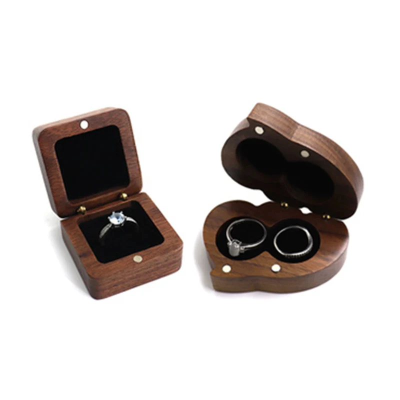 

Fashion Black Walnut Wooden Womens Jewelry Storage Box Creative Wedding Ring Double Love Holding Case Gift Packing Organizer Box