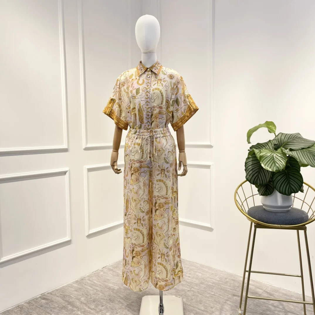 

2022 Summer Autumn New Top Quality Straight Short Sleeve Blouse High Waist Wide-leg Drawstring Pants Women Suits