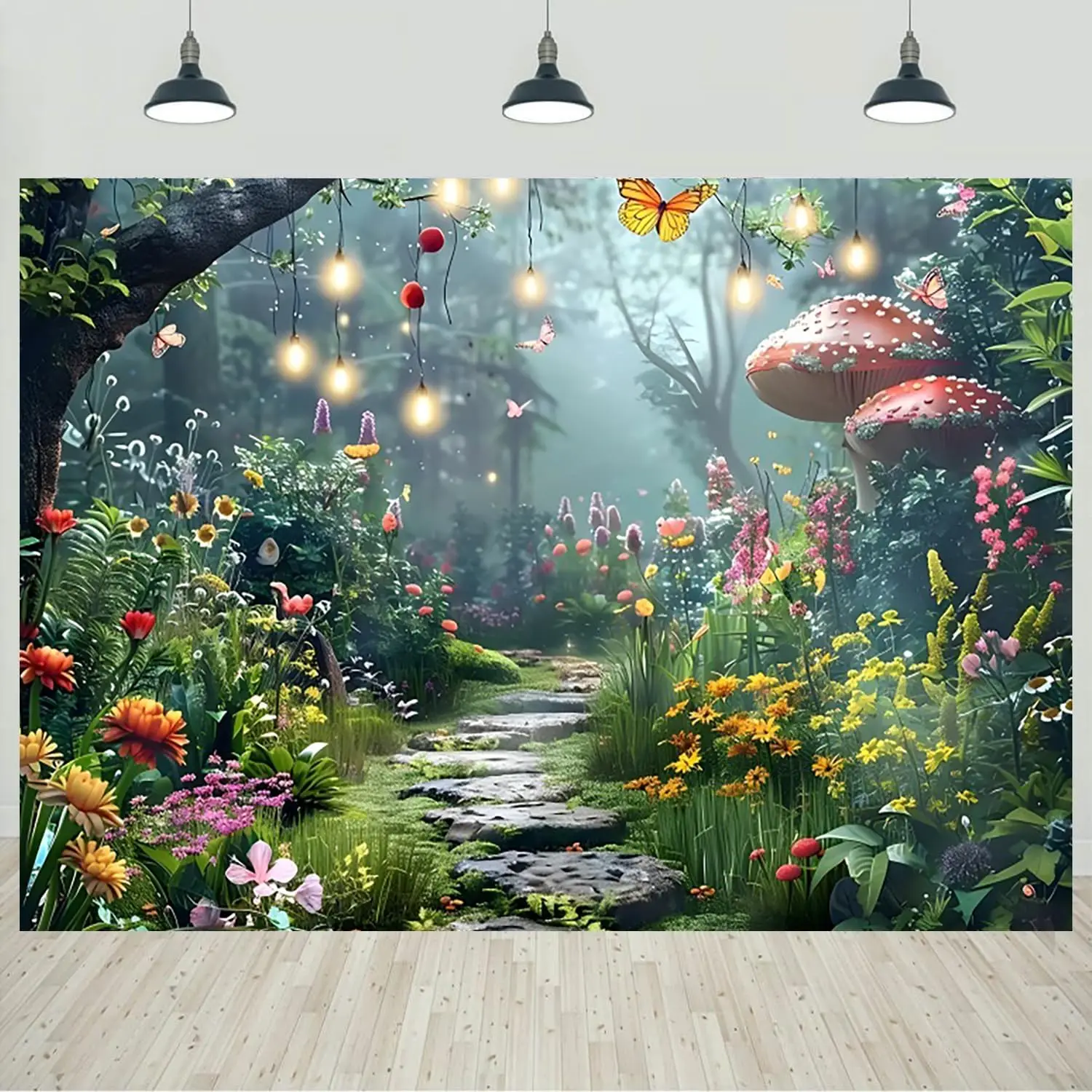 Весенний фон с зачарованным лесом сказка страна чудес цветы гриб для фотосъемки