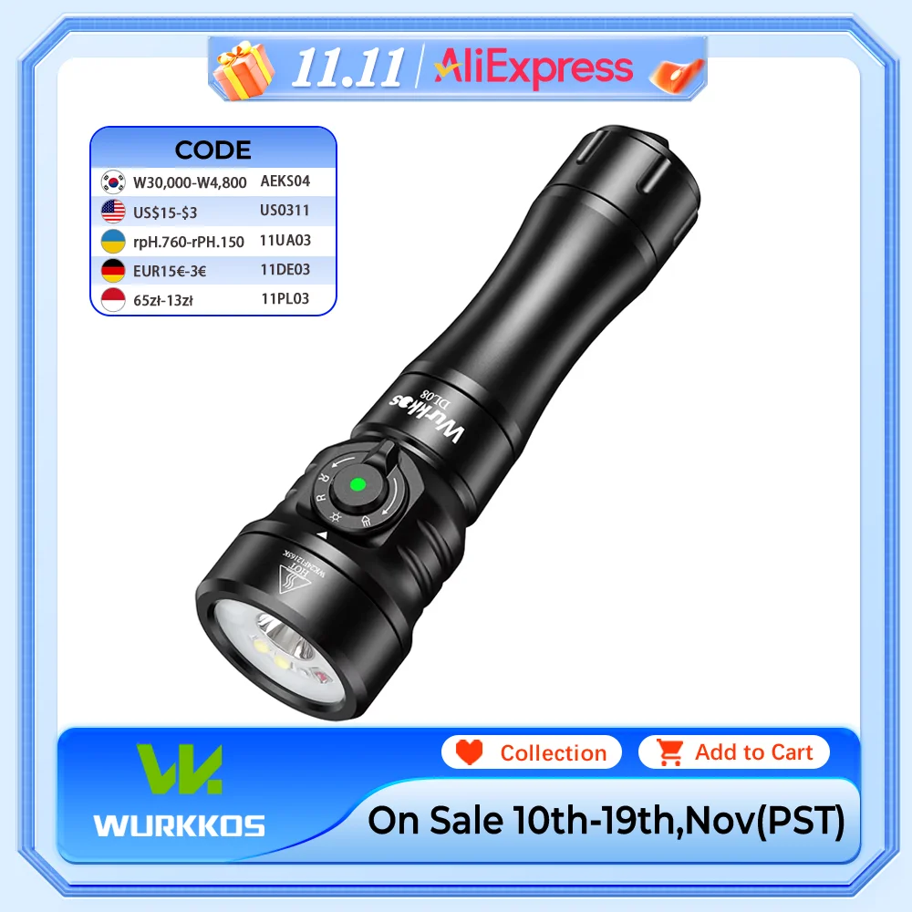 

Wurkkos DL08 Powerful 3600lm Flashlight 21700 Rechargeable Diving Light with Rotary Magnetic Switch 6500K Underwater Torch IP68