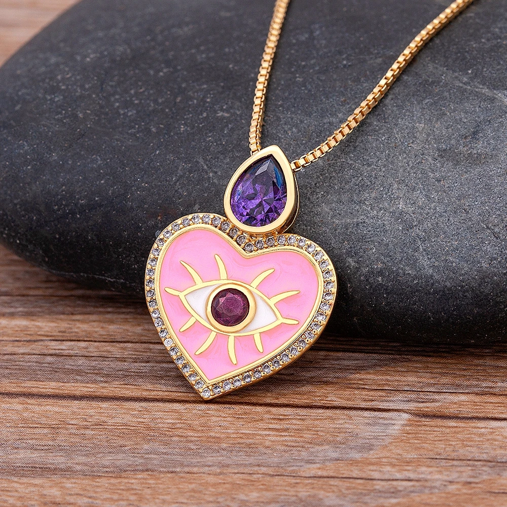 

AIBEF Hot Selling Enamel 2 Colors Heart Shape Inlaid Turkish Evil Eye Pendant Water Drop Necklace Women Retro Design Jewelry