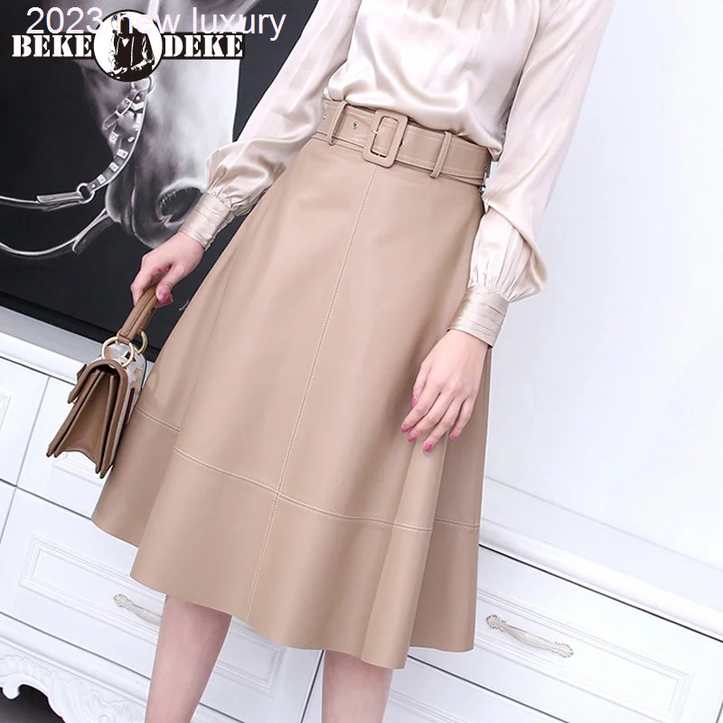 

Lady New Office Concise Genuine Leather High Waist Casual Elegant Spliced Womens High Quality Fashion Skirt Korean Style