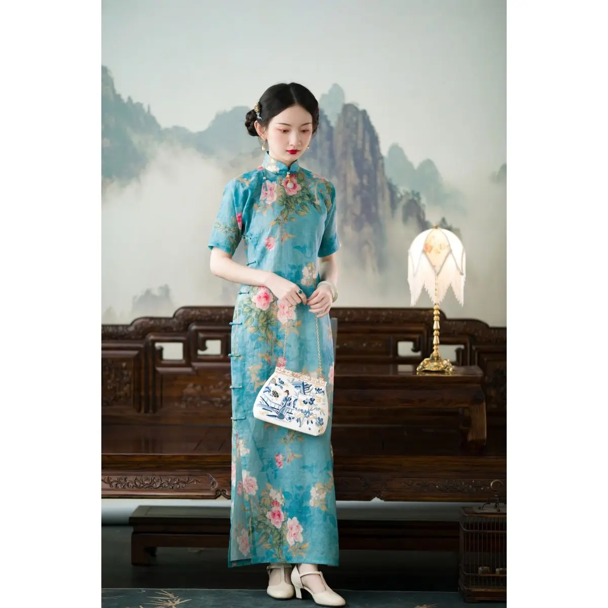 

Summer Chinese Style Women Retro Qipao Traditional Cheongsam Long Dress RobeElegant Printed Cotton Linen Buttoned Loose Blue