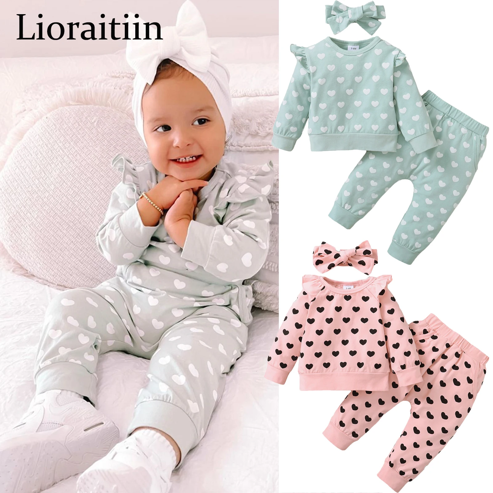 

Lioraitiin 0-24M Newborn Infant Baby Girl 2Pcs Autumn Clothing Set Long Sleeve Heart Printed Shirt Top Long Pants 2Styles