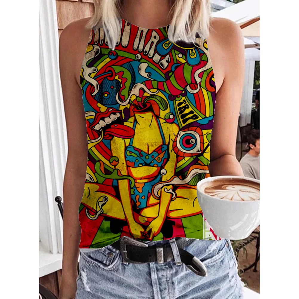 

Colorful Totem Girl Sleeveless Solid Ribbed Tank Top Sexy Streetwear Harajuku Casual Wear Female O-Neck Gothic Women Y2k Tops