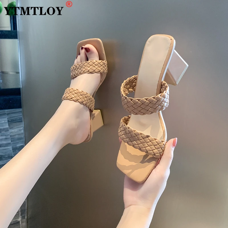 

New Leather Weave High Heel Sandals Ladies Fashion Show Party Shoes Ladies Cross Weave Sexy Thin Heel Slippers Slides sexy