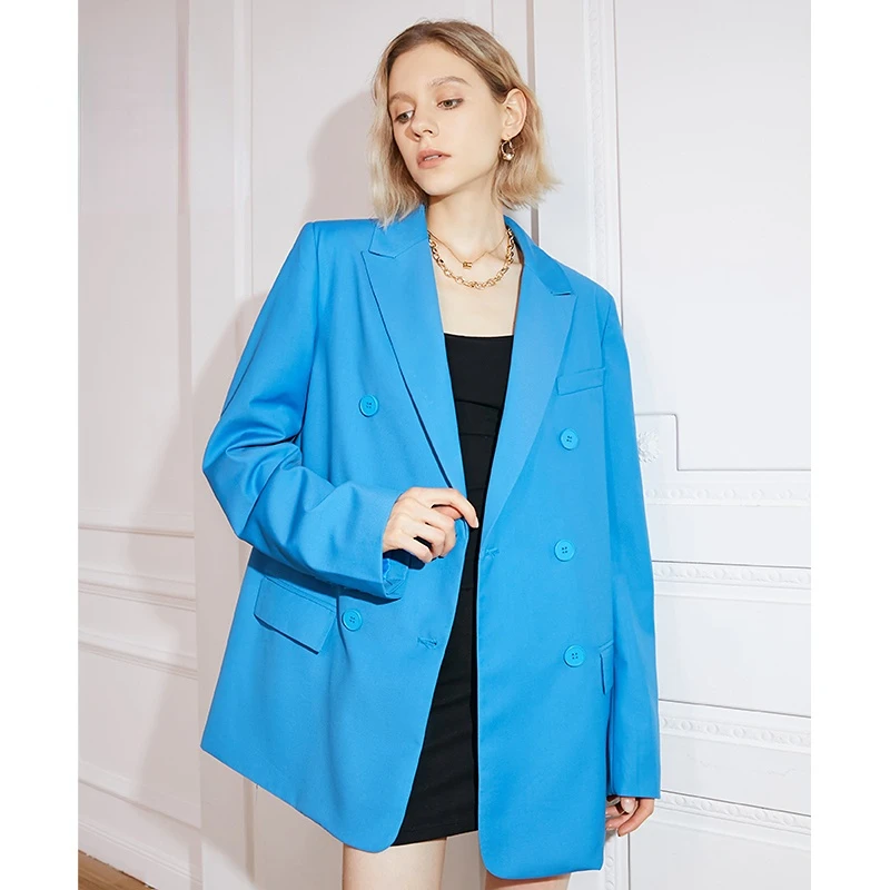 Women Double Breasted Loose Blazer Autumn Over Size Coat Fashion Notched Collar Long Sleeve Ladies Outerwear