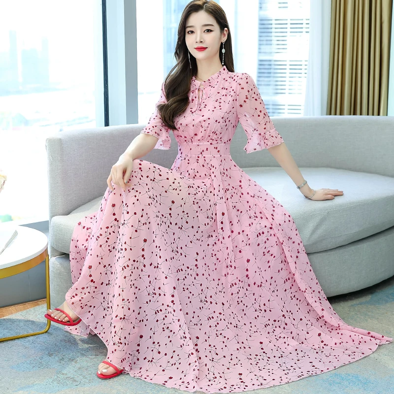 

Printed Dresses Chiffon Flared Short Sleeves Collar Elegant Pink Dress Women Slim Swing Blue