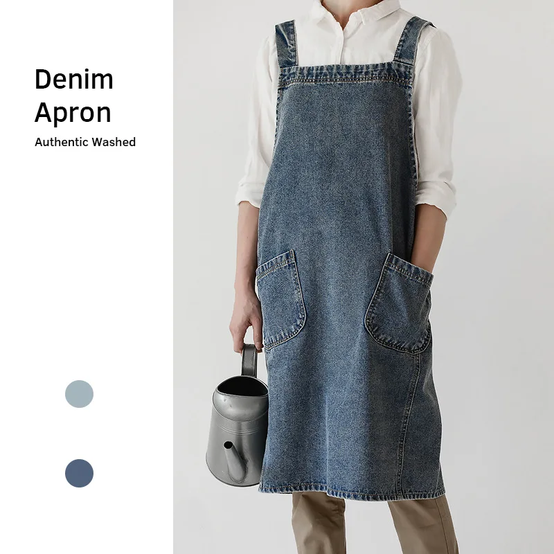 

Washed Denim Apron Cotton Kitchen Bib Coffee and Flower Store Workwear Korean Fashion New Aprons Home kitchen Haircut Apron