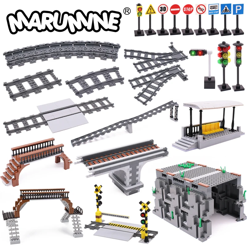 

Marumine MOC City Train Railway Build Model Kit Soft Cruved Straight Tracks Traffic Light Tunnel Compatible 53401 Blocks Bricks
