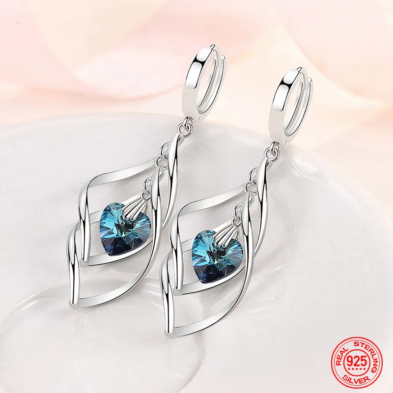 

925 Silver Hollow Blue Crystal Long Drop Earrings For Women Fashion Wedding Jewelry Gift