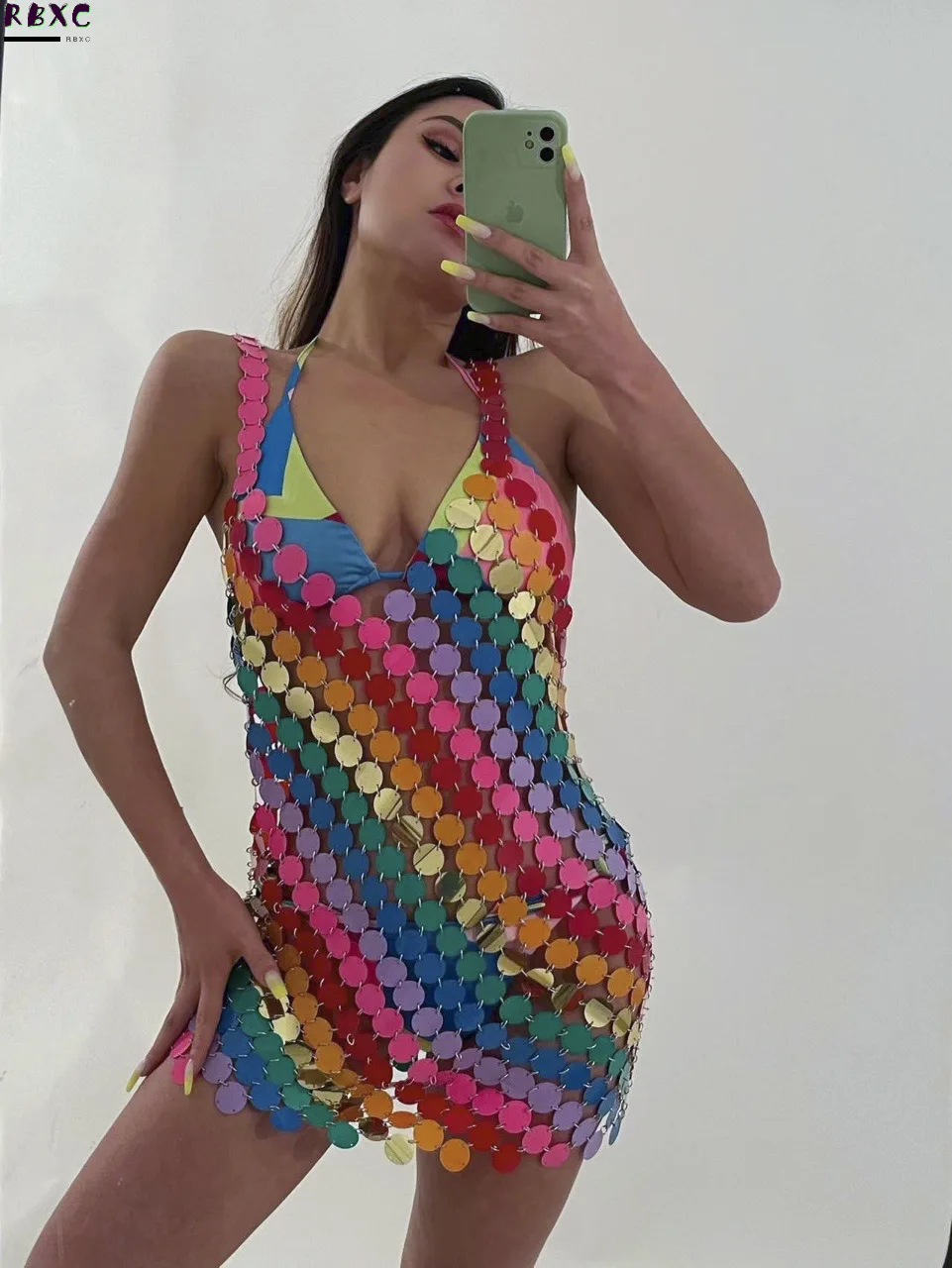 

RBxc Sexy color tassel sequins bouncing Bikini Body chain color matching hand woven nightclub skirt