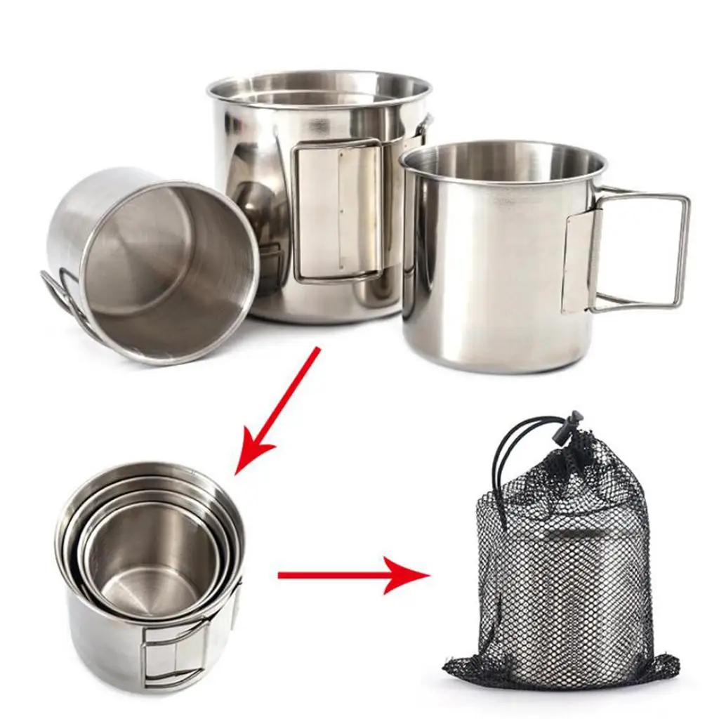 

4 Pcs Stainless Steel Cup Stackable Drinking Water Cup Mug W/Foldable Handle