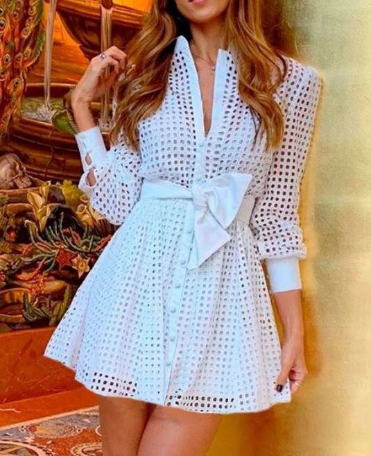 

Fashionable Women's Dresses 2023 Autumn New Elegant White Mesh Long-Sleeved Waist Shirt Dress A-Line Skirt Sexy Mini Dress