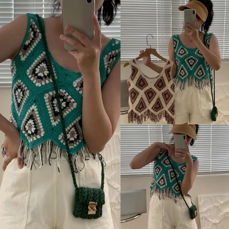 

Beach Vacation Crop Top Women Vintage Crochet Knit Geometric Tassels Cami Vest