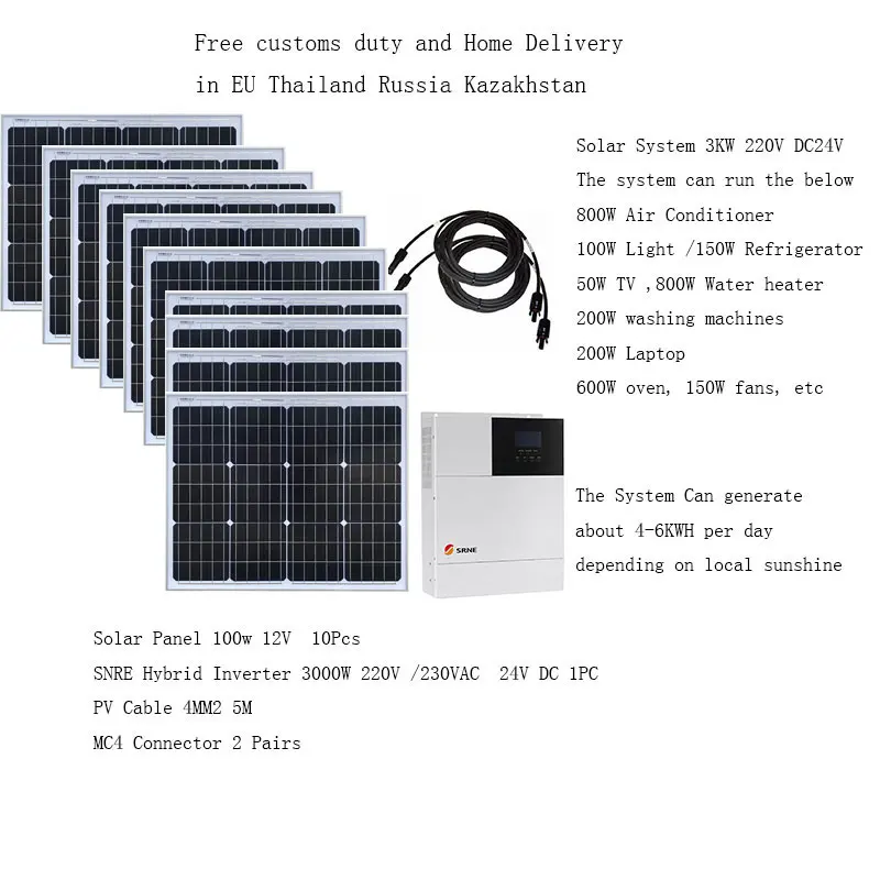 Solar Panel Kit Complete 3000w 3KW 110v 220V PV 1000W MPPT Pure Sine Wave Hybrid Inverter Controller Off Grid Car Camping Boat