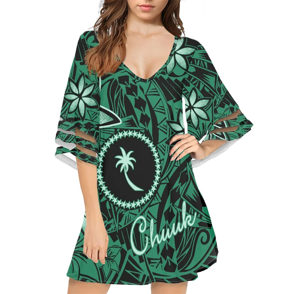 

Polynesian Samoan Clothing Colorful Chuuk Islands Print Flare Sleeve V Neck Midi Dress Custom Floral Dress Women Elegant Chiffon
