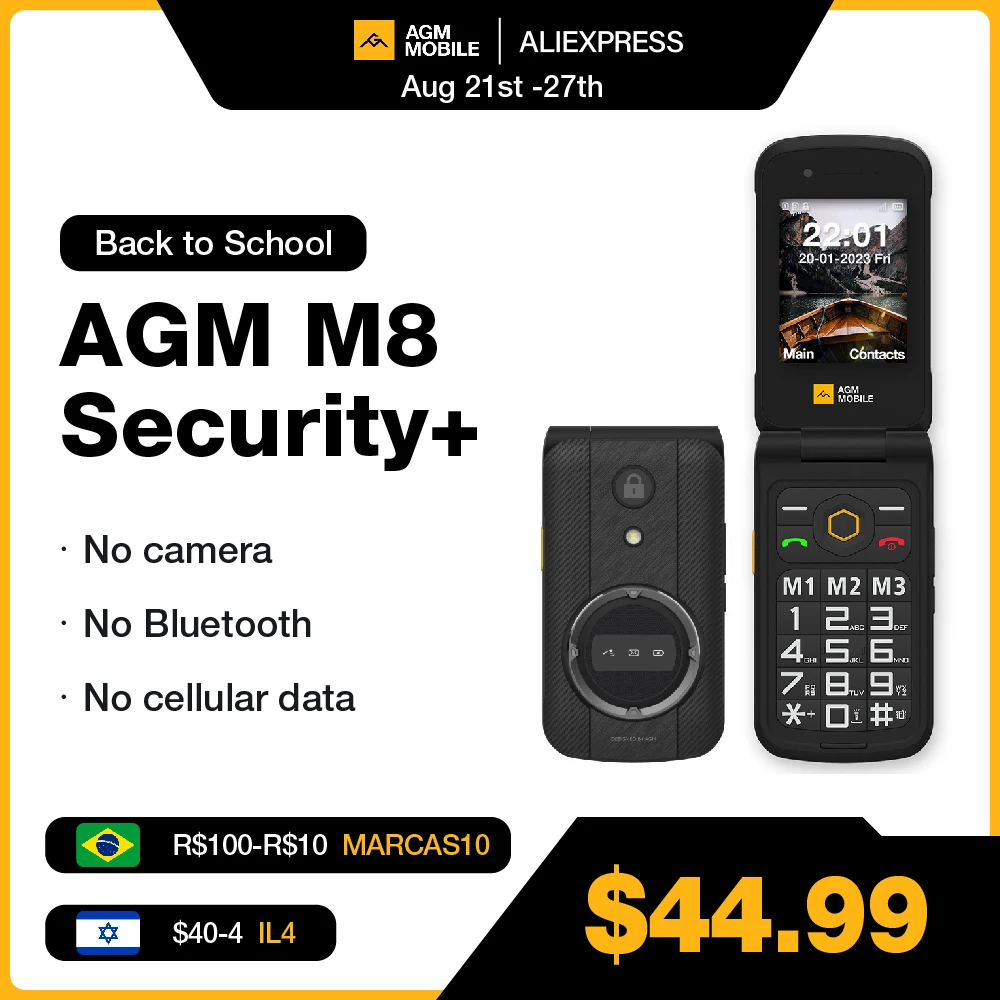 [World Premiere]AGM M8 Security+ Flip Mobile Phone Elderly Feature Phone SOS Quick Call English Keyboard No Camera Cellphone