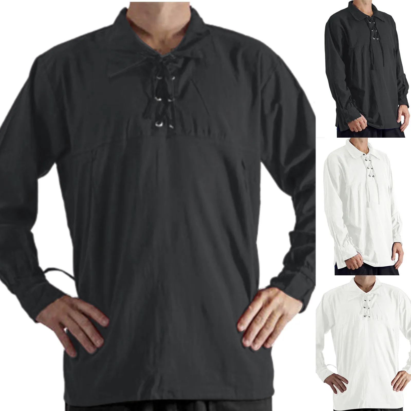 

Мужская модная повседневная простая Однотонная рубашка с отложным воротником и ремешком, удобная футболка с длинным рукавом, одежда для тр...
