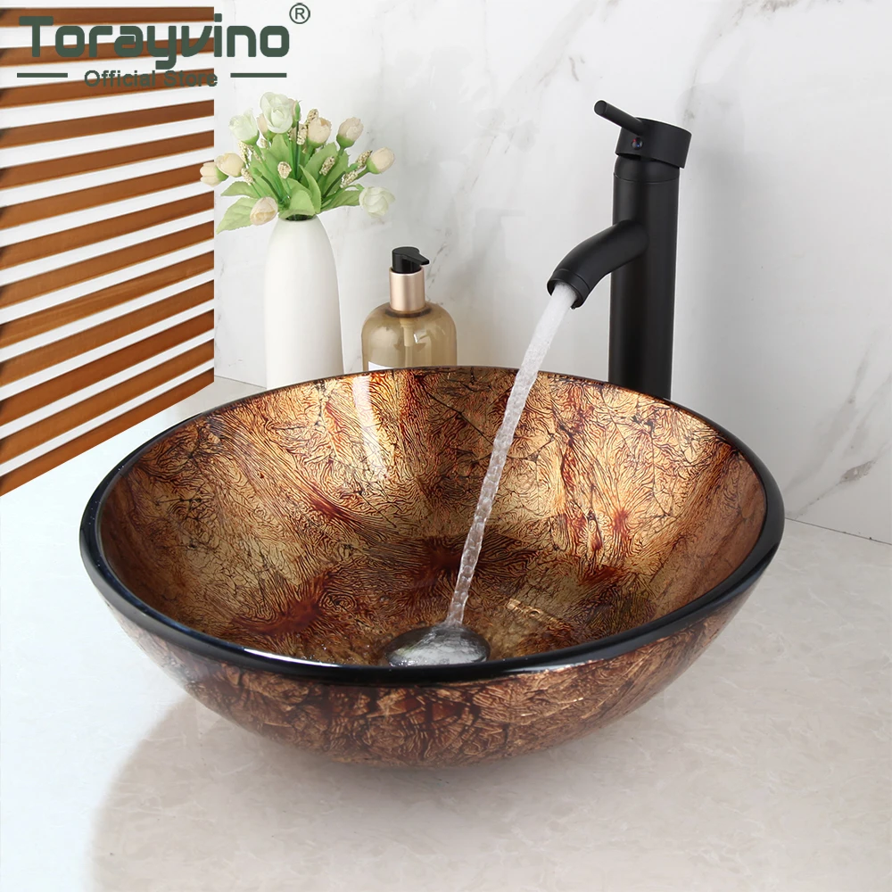 Torayvino Brown Ripple Tempered Glass Sink Hand-Paint Lavatory Deck Mounted Basin Bathroom Washbasin Mixer Water Tap Combo Kt