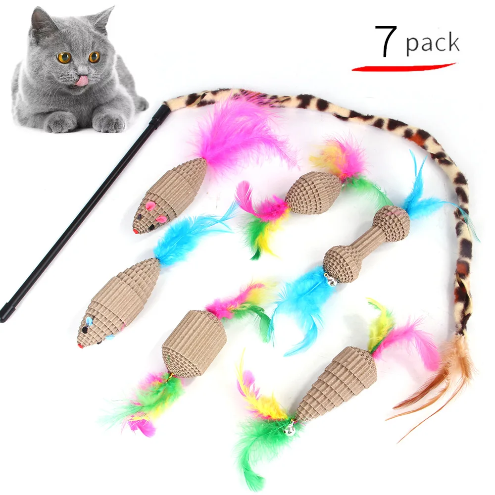 

7 Psc Pet Cat Toy Set Funny Cat Stick Indoor Interactive Cat Toy Feather Corrugated Paper Catnip Kitten Supplies Pet Accessories