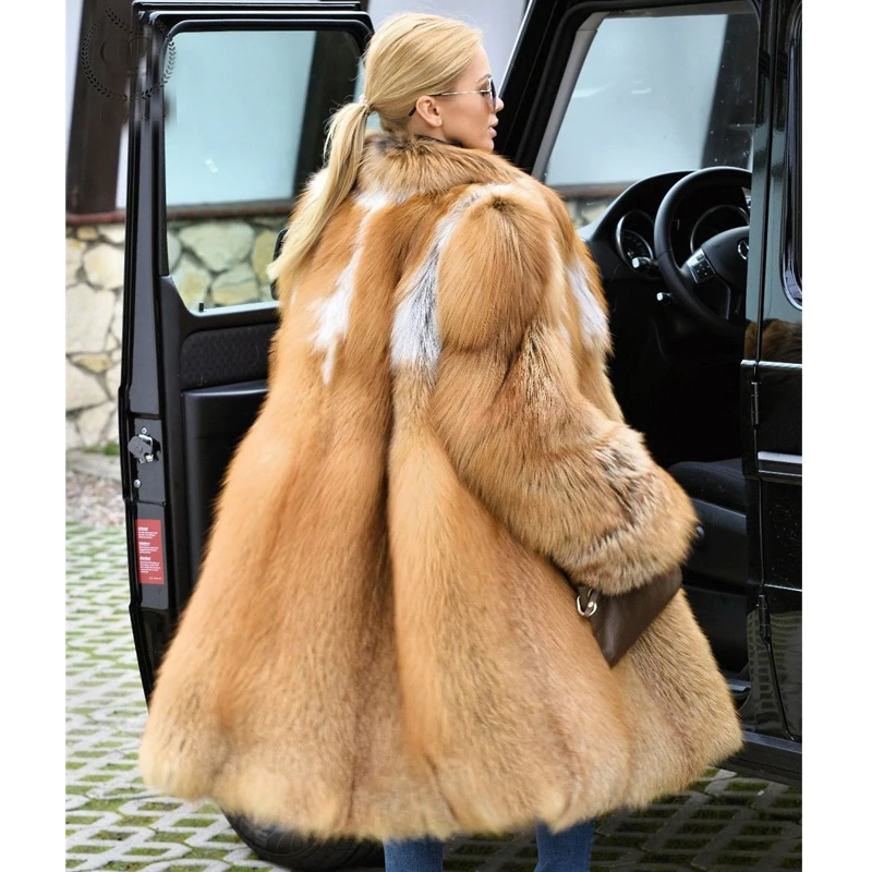 Winter Real Red Fox Fur Coat 90cm Long Thick Warm Luxury Overcoat Women Genuine Whole Skin Fox Fur Coats With Fur Collar