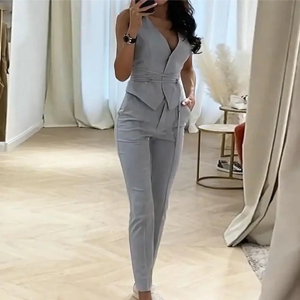

2 Pcs/Set Women Waistcoat Pants Tie Waist OL Style Sleeveless Slim Fit Commute Summer Breathable Outfit Female Blazer Y2K Vest