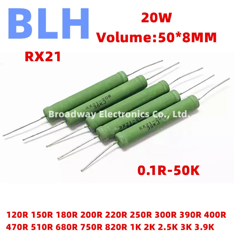 10 шт. Проволочная рана RX21 20 Вт 5% 120R 150R 180R 200R 220R 250R 300R 390R 400R 470R 510R 680R 750R 820R 1K 2K 2 5 K 3K 3 9