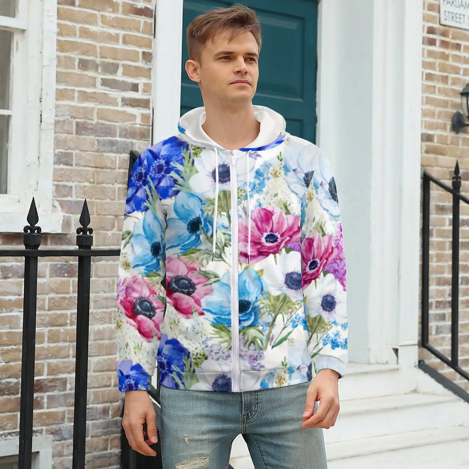 

Watercolor Flower Zip Up Hoodies Midnight Floral Print Aesthetic Hoodie Men Long Sleeve Oversize Loose Design Casual Clothing