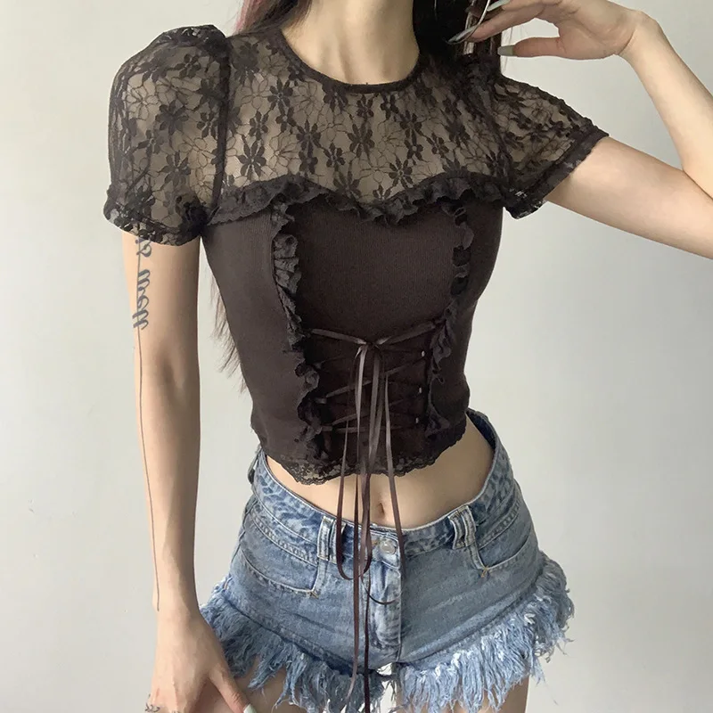 

t shirt for womenLace stitching short-sleeved T-shirt quality age-reducing machine hollow off-the-shoulder navel slimming shirt