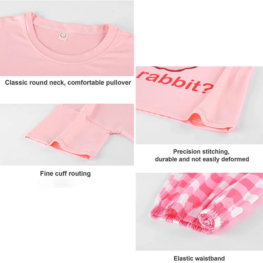 3pcs Sweet Cartoon Rabbit Casual Short Sleeve Elastic Plaid Shorts + Pajama Pants Sets Women's Summer Breathable Sleepwear Suit