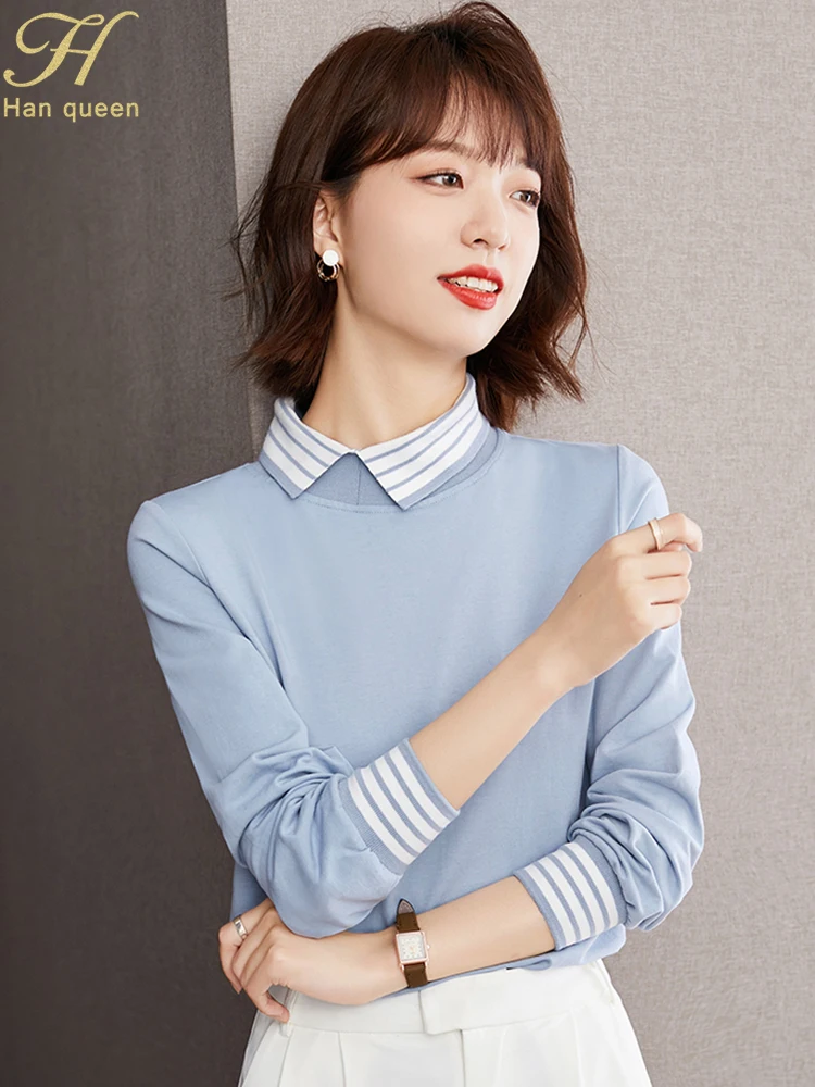 

H Han Queen 2023 Autumn Patchwork Color-Blocking Stripes Sweatshirt Loose Long Sleeve Vintage T-Shirts Work Casual Tops Womens