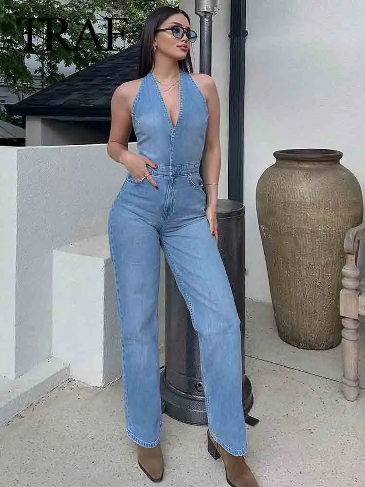 

Женский джинсовый комбинезон без рукавов, с V-образным вырезом