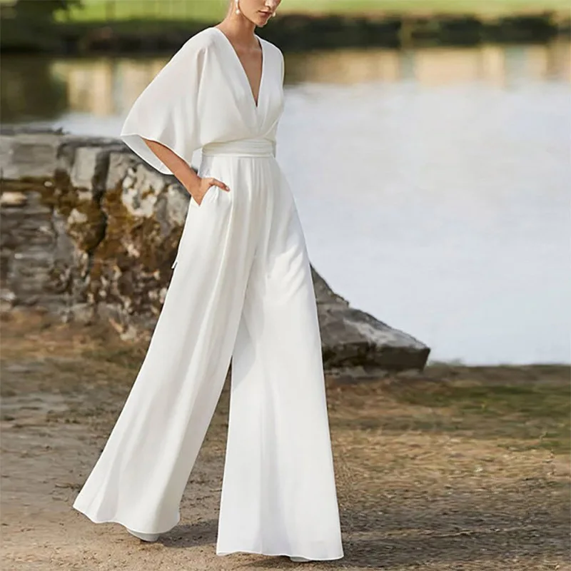 Office Casual Solid Wide Leg Pants Casual 2023 Women Deep V-neck Half Sleeve Backless High Waist Wide Leg Pants Elegant Jumpsuit