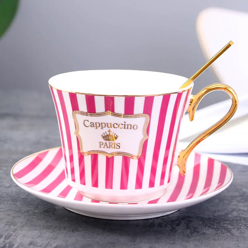 

Ins European luxury coffee cups and saucers set simple gold ceramic cups English afternoon red tea cups with spoons