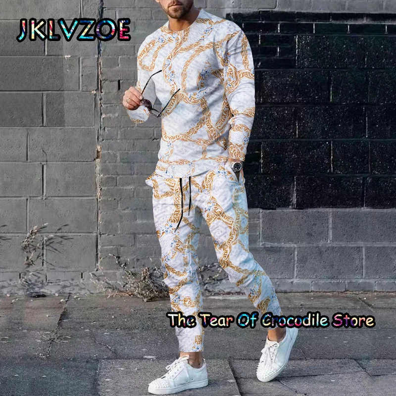 Multicolour Print Men Tracksuit Summer 2 Piece Set Long Sleeved T-Shirt Trousers Jogging Suit Male Color Sportswear Clothing